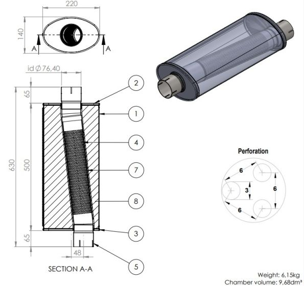 Simons Offset Äänenvaimennin Ovaali - 76mm / 3" (500x220x140mm)