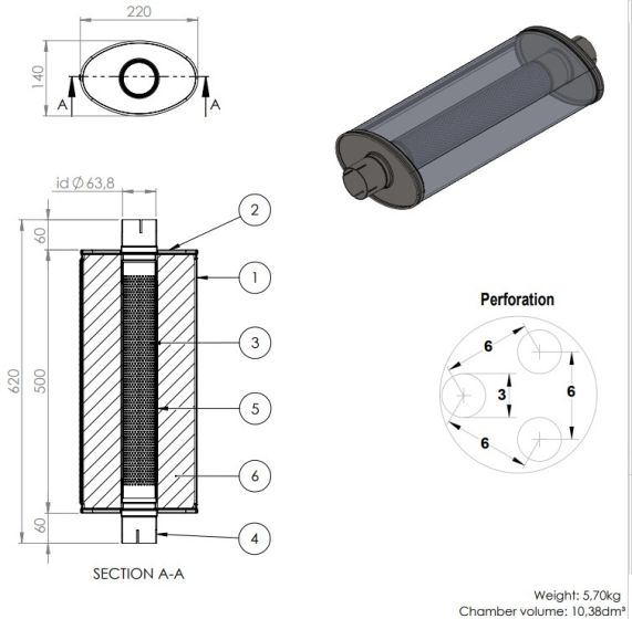Simons Äänenvaimennin Ovaali - 63,5mm / 2,5" (500x220x140mm)