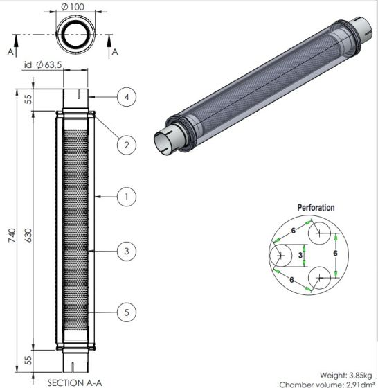 Simons Äänenvaimennin Pyöreä - 63,5mm / 2,5" (630x100x100mm)