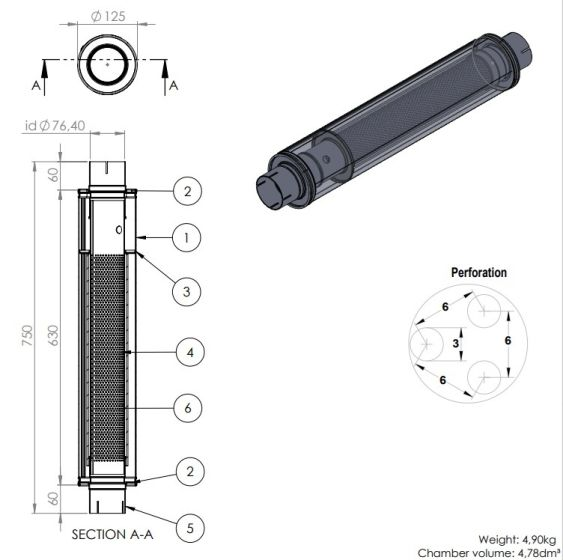 Simons Äänenvaimennin Pyöreä - 76mm / 3" (630x125x125mm)