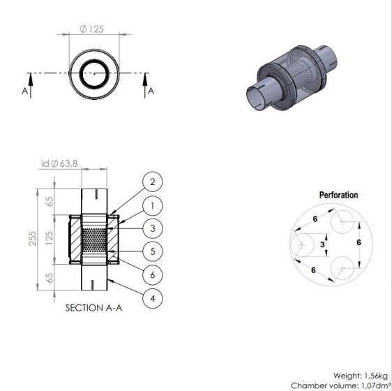 Simons Äänenvaimennin Pyöreä - 63,5mm / 2,5" (125x125x125mm)