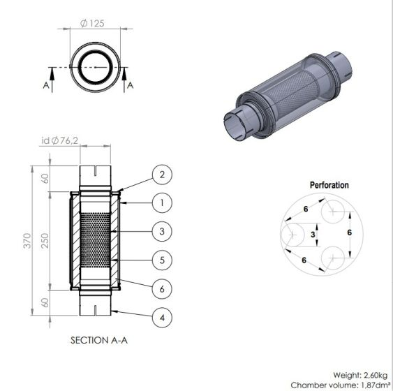 Simons Äänenvaimennin Pyöreä - 76mm / 3" (250x125x125mm)